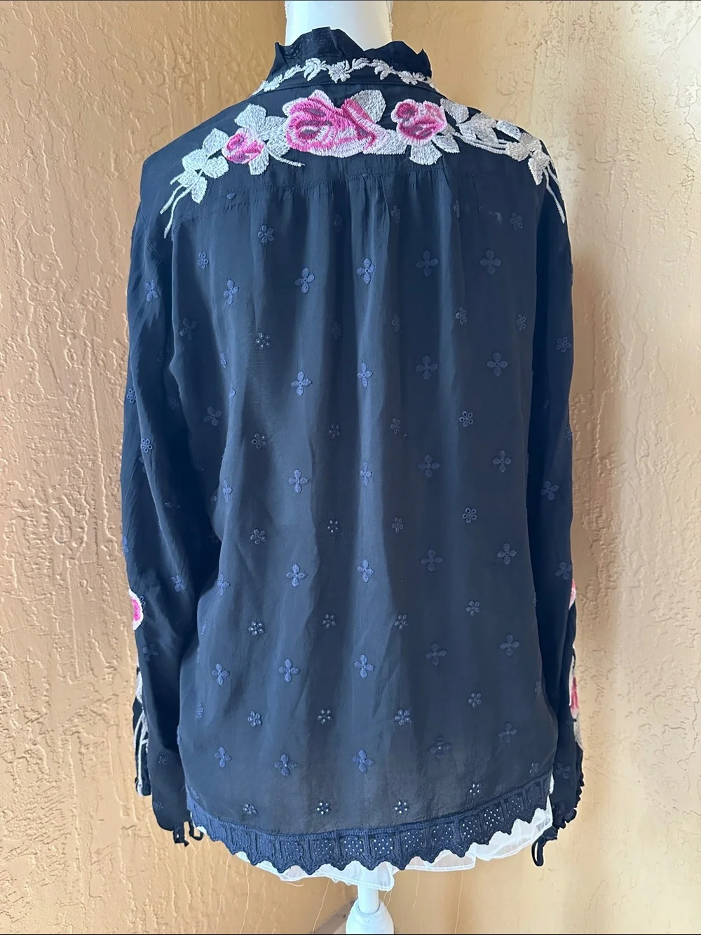 Johnny Was Black Blouse with Pink Rose Embroidery - Picture 8 of 9